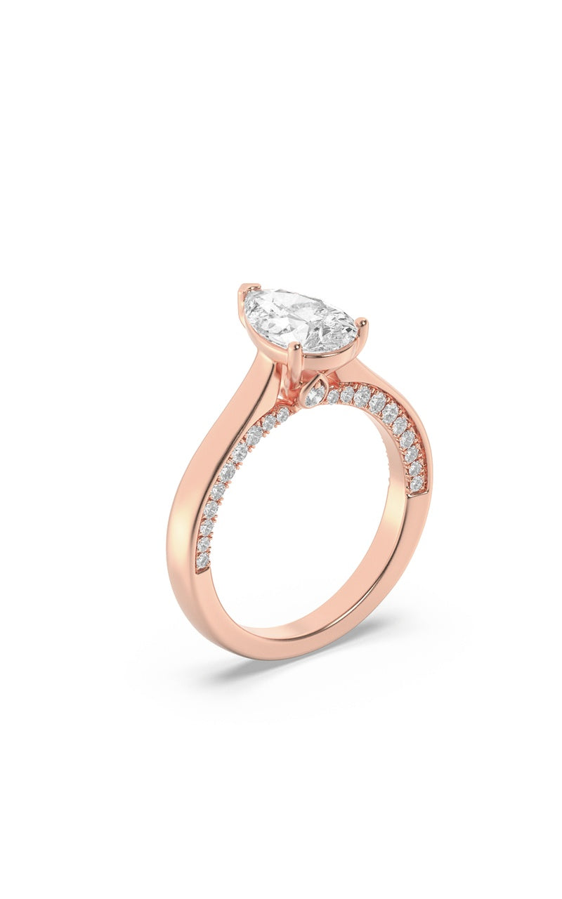2CTW Pear Shaped Lab Grown Diamond (F/VS) Accented Bridge Shank Engagement Ring in 14K Gold
