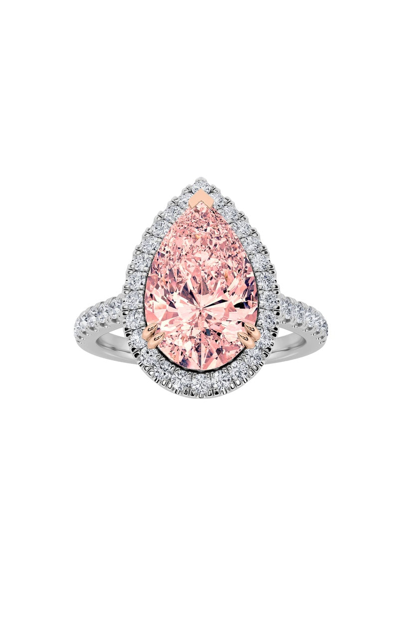 3CTW Pear Shaped Lab Grown Diamond (F/VS) Bolld Accented Halo Engagement Ring in 14K Gold