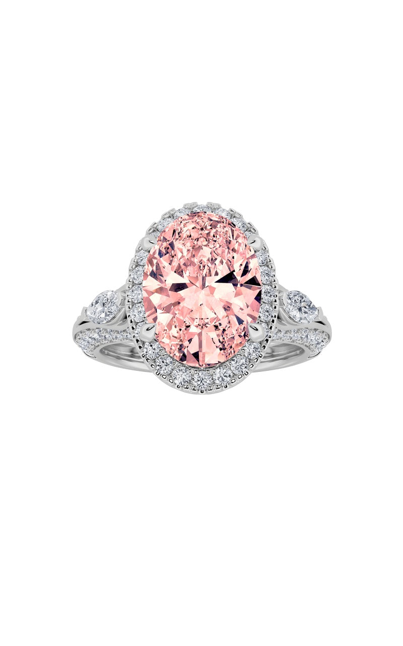 3CTW Oval Shaped Lab Grown Diamond (F/VS) Three Stone Halo Enagement Ring in 14K Gold