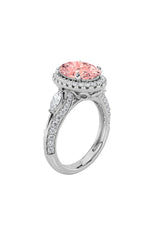 Load image into Gallery viewer, 3CTW Oval Shaped Lab Grown Diamond (F/VS) Three Stone Halo Enagement Ring in 14K Gold
