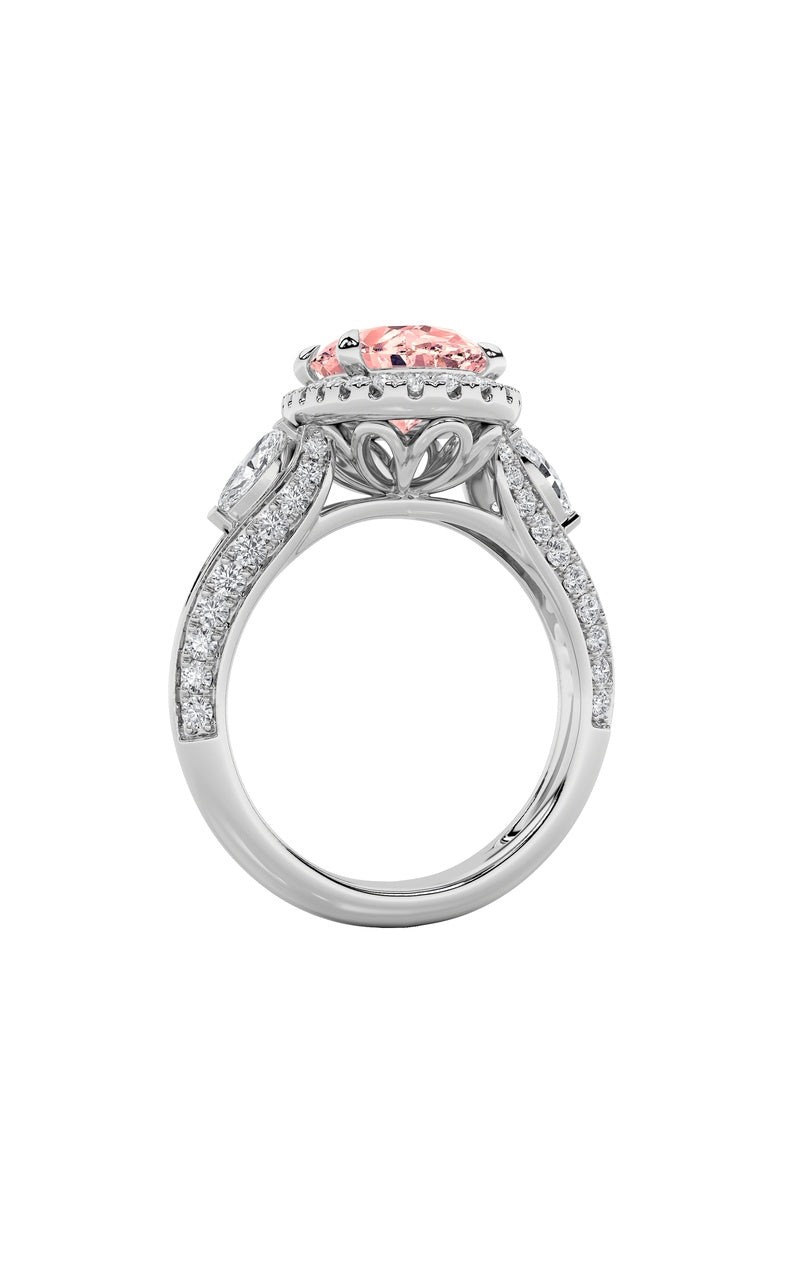 3CTW Oval Shaped Lab Grown Diamond (F/VS) Three Stone Halo Enagement Ring in 14K Gold
