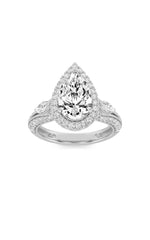 Load image into Gallery viewer, 3CTW Pear Shaped Lab Grown Diamond (F/VS) Three Stone Halo Enagement Ring in 14K Gold
