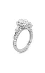 Load image into Gallery viewer, 3CTW Pear Shaped Lab Grown Diamond (F/VS) Three Stone Halo Enagement Ring in 14K Gold
