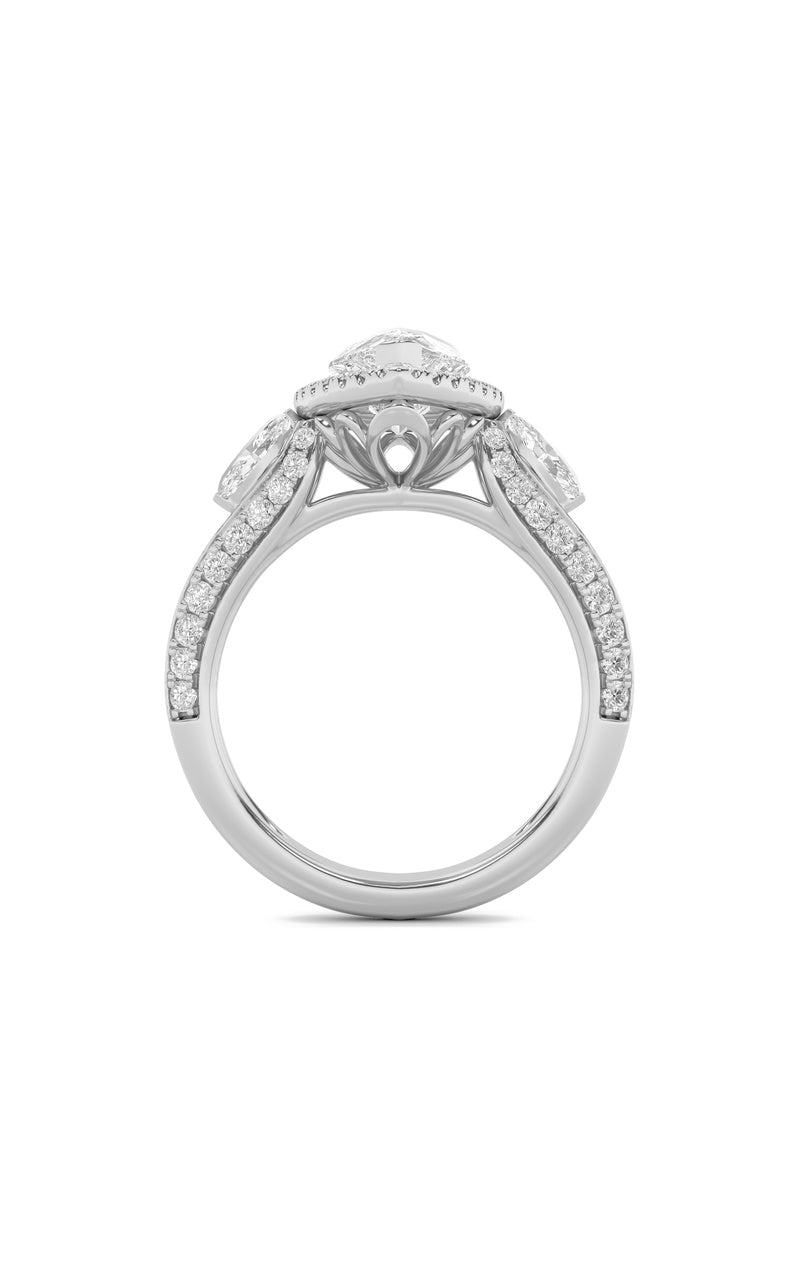 3CTW Pear Shaped Lab Grown Diamond (F/VS) Three Stone Halo Enagement Ring in 14K Gold