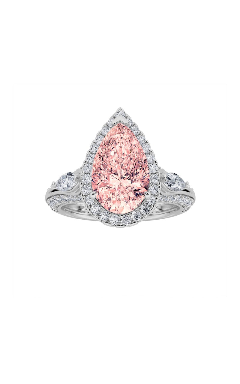 3CTW Pear Shaped Lab Grown Diamond (F/VS) Three Stone Halo Enagement Ring in 14K Gold