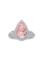 Load image into Gallery viewer, 3CTW Pear Shaped Lab Grown Diamond (F/VS) Three Stone Halo Enagement Ring in 14K Gold
