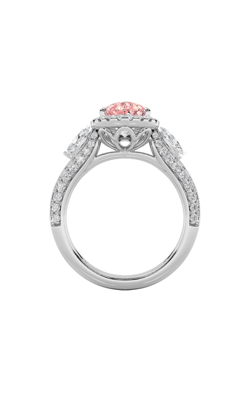 3CTW Pear Shaped Lab Grown Diamond (F/VS) Three Stone Halo Enagement Ring in 14K Gold