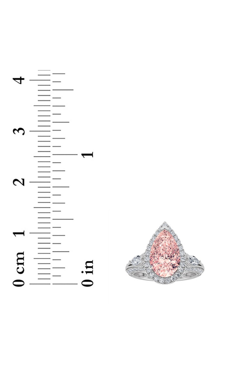 3CTW Pear Shaped Lab Grown Diamond (F/VS) Three Stone Halo Enagement Ring in 14K Gold
