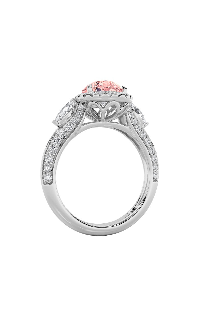 3CTW Pear Shaped Lab Grown Diamond (F/VS) Three Stone Halo Enagement Ring in 14K Gold