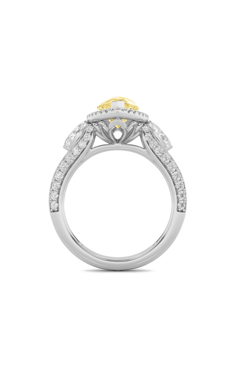 3CTW Pear Shaped Lab Grown Diamond (F/VS) Three Stone Halo Enagement Ring in 14K Gold