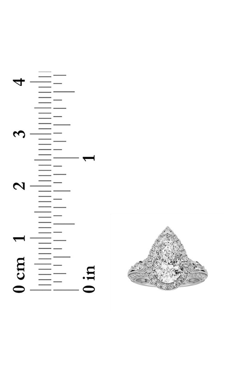 3CTW Pear Shaped Lab Grown Diamond (F/VS) Three Stone Halo Enagement Ring in 14K Gold