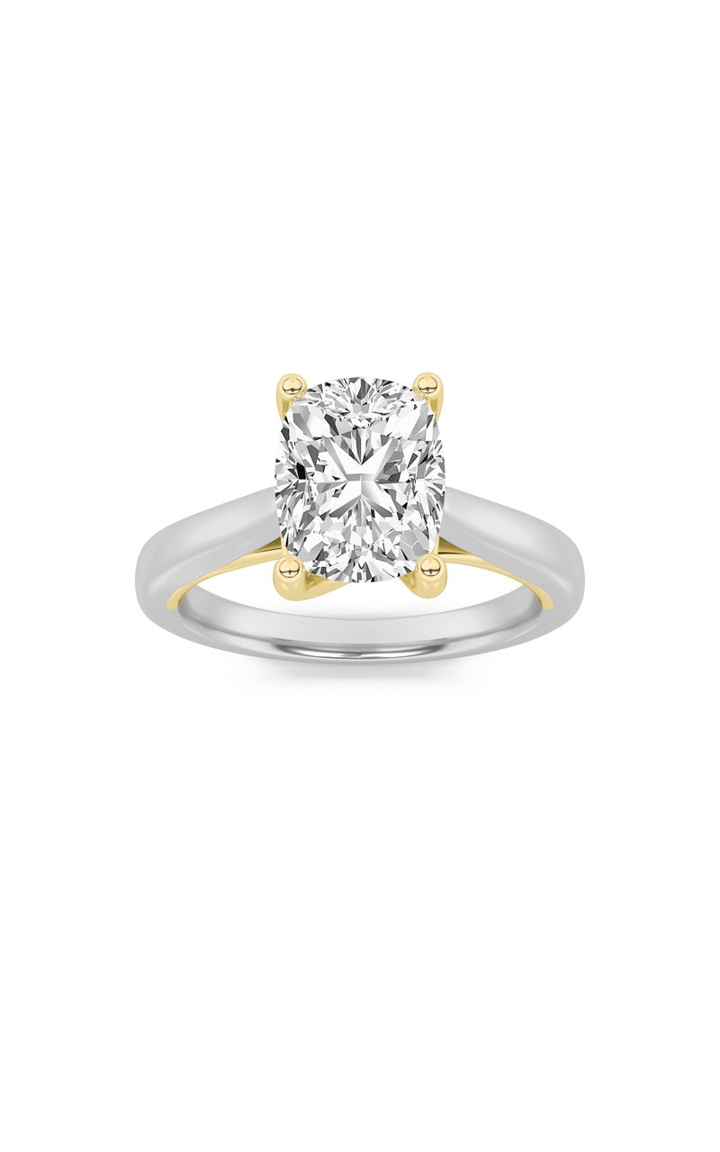 1CTW Elongated Cushion Shaped Lab Grown Diamond (F/VS) Two Tone Cathedral Shank Engagement Ring in 14K Gold