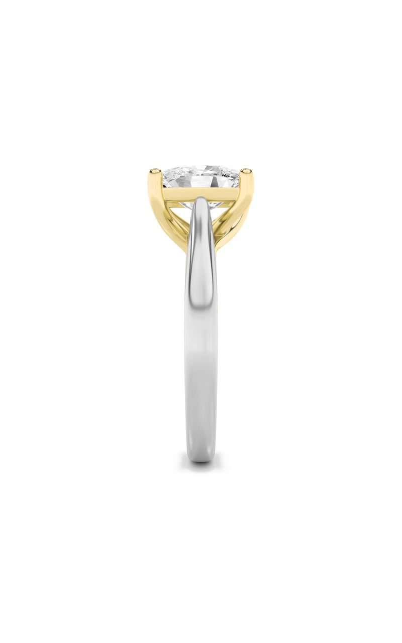 2.5CTW Elongated Cushion Shaped Lab Grown Diamond (F/VS) Two Tone Cathedral Shank Engagement Ring in 14K Gold