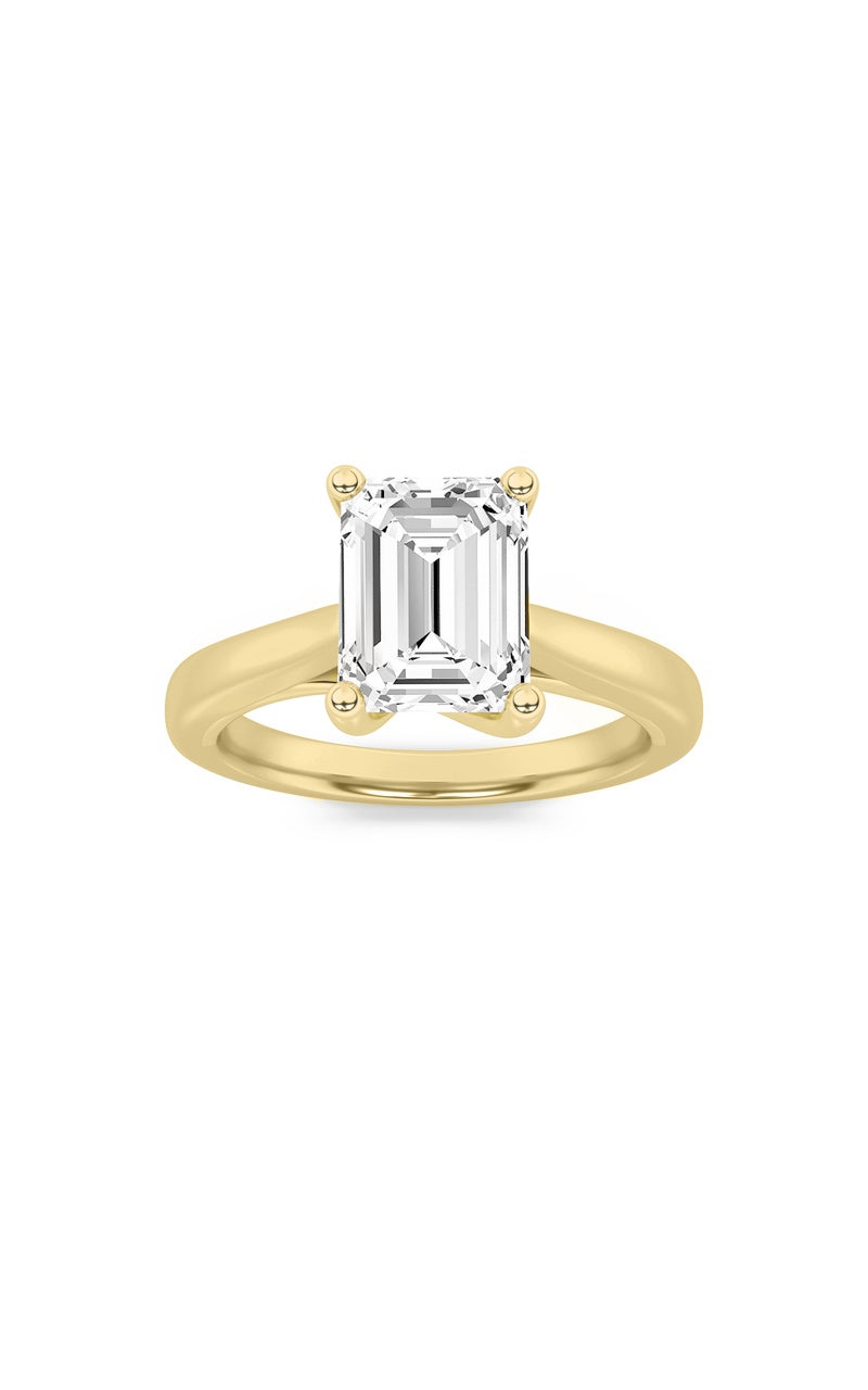 2CTW Emerald Shaped Lab Grown Diamond (F/VS) Cathedral Shank Engagement Ring in 14K Yellow Gold