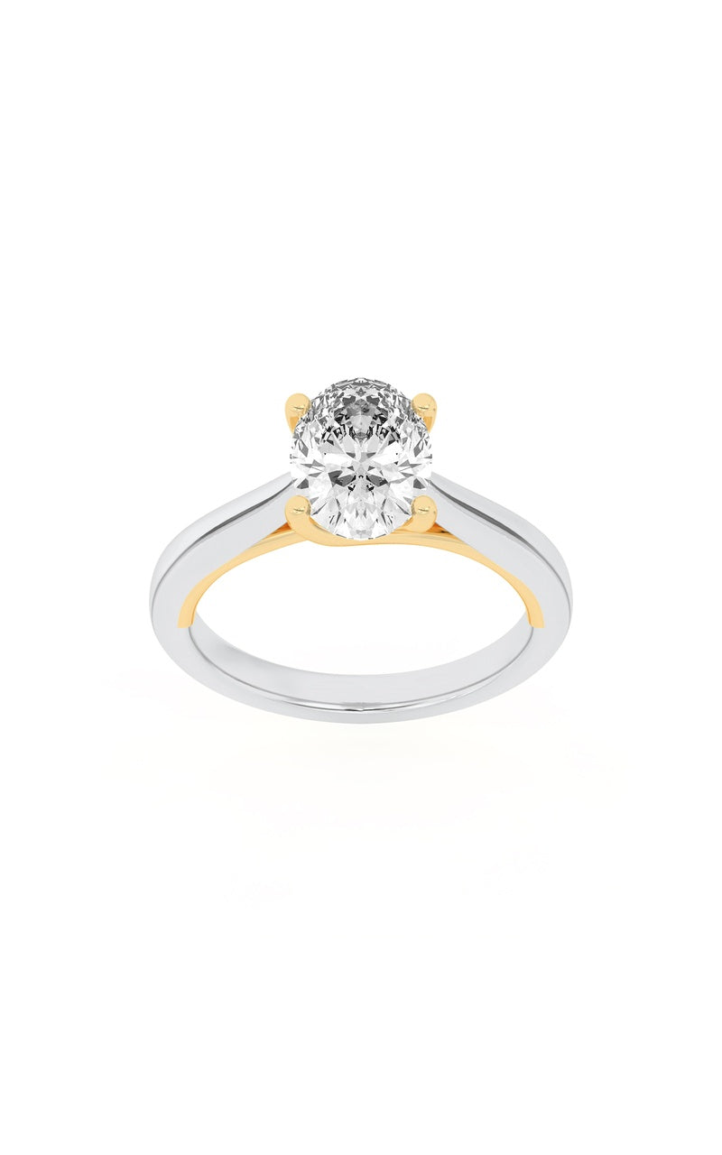1CTW Oval Shaped Lab Grown Diamond (F/VS) Two Tone Cathedral Shank Engagement Ring in 14K Gold