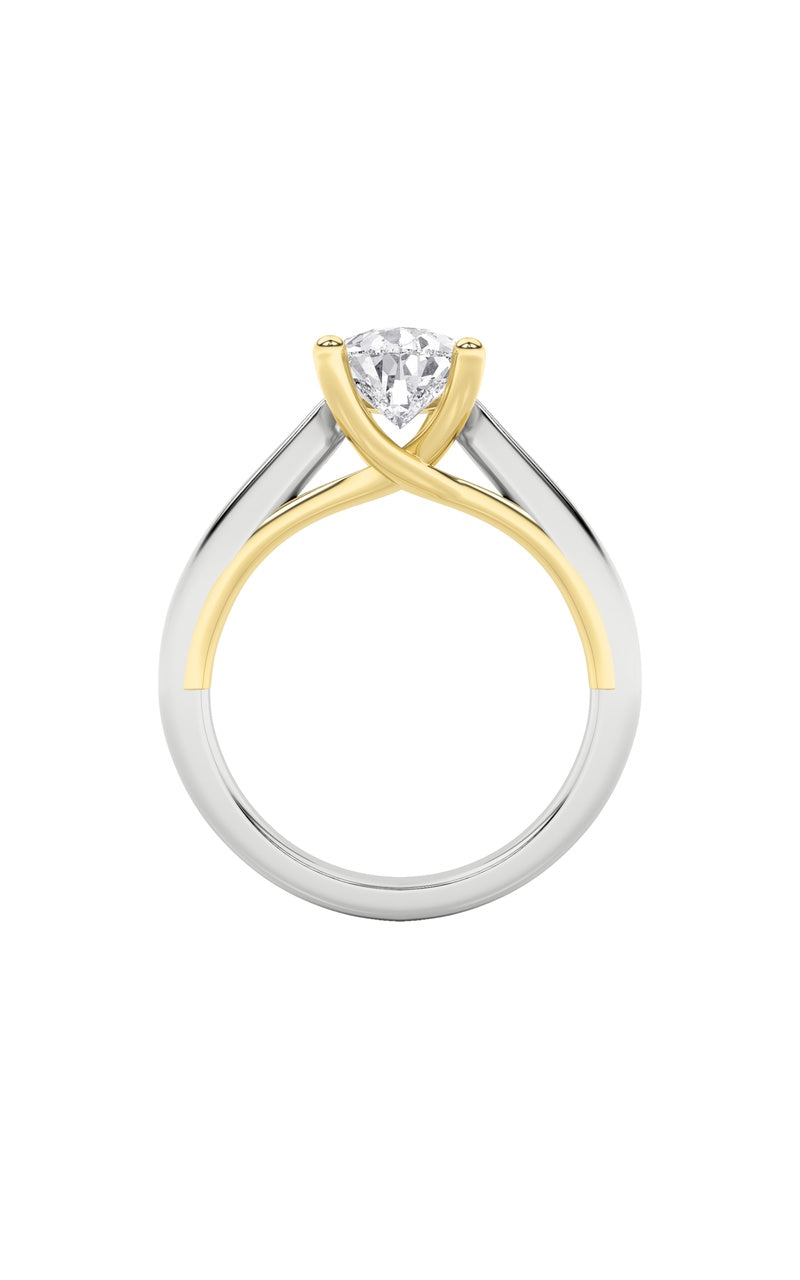 2CTW Pear Shaped Lab Grown Diamond (F/VS) Two Tone Cathedral Shank Engagement Ring in 14K Gold