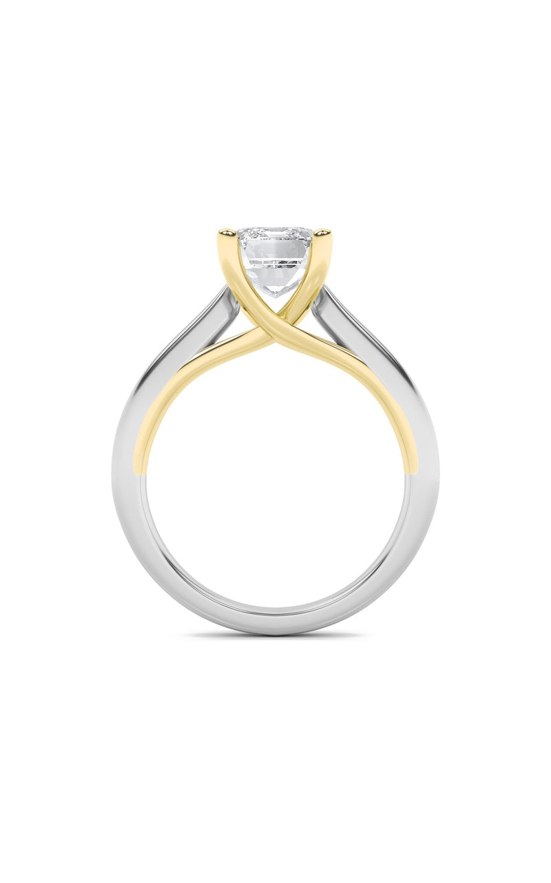3CTW Radiant Shaped Lab Grown Diamond (F/VS) Two Tone Cathedral Shank Engagement Ring in 14K Gold