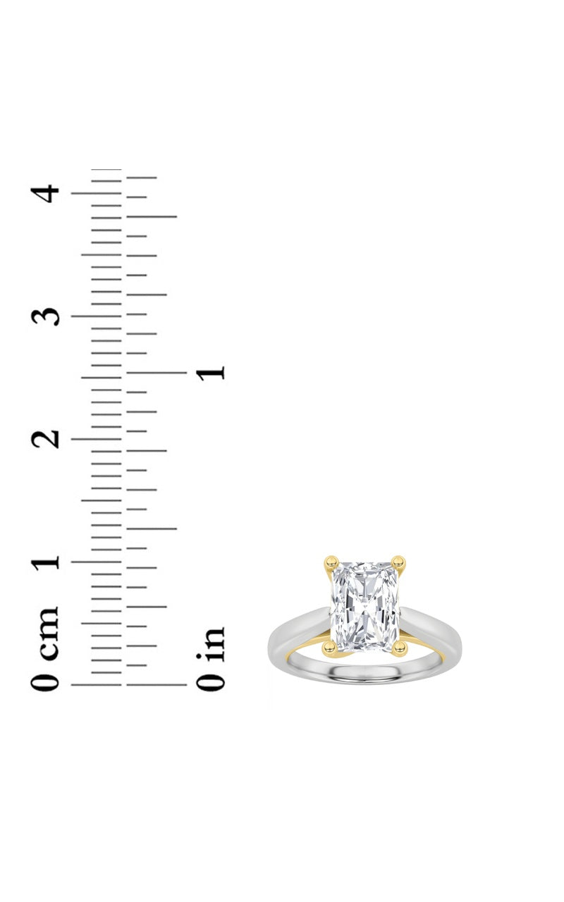 3CTW Radiant Shaped Lab Grown Diamond (F/VS) Two Tone Cathedral Shank Engagement Ring in 14K Gold