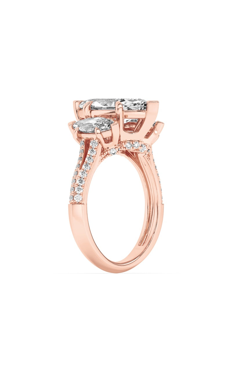 4CTW Marquise Shaped Lab Grown Diamond (G/VS) Three Stone Accented Engagement Ring in 14K Gold