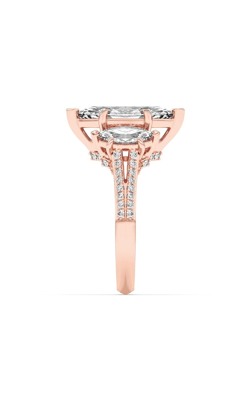 4CTW Marquise Shaped Lab Grown Diamond (G/VS) Three Stone Accented Engagement Ring in 14K Gold