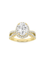 Load image into Gallery viewer, 2CTW Oval Shaped Lab Grown Diamond (F/VS) Split Shank Halo Accented Engagement Ring in 14K Gold
