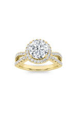 Load image into Gallery viewer, 2CTW Round Shaped Lab Grown Diamond (F/VS) Split Shank Halo Accented Engagement Ring in 14K Gold
