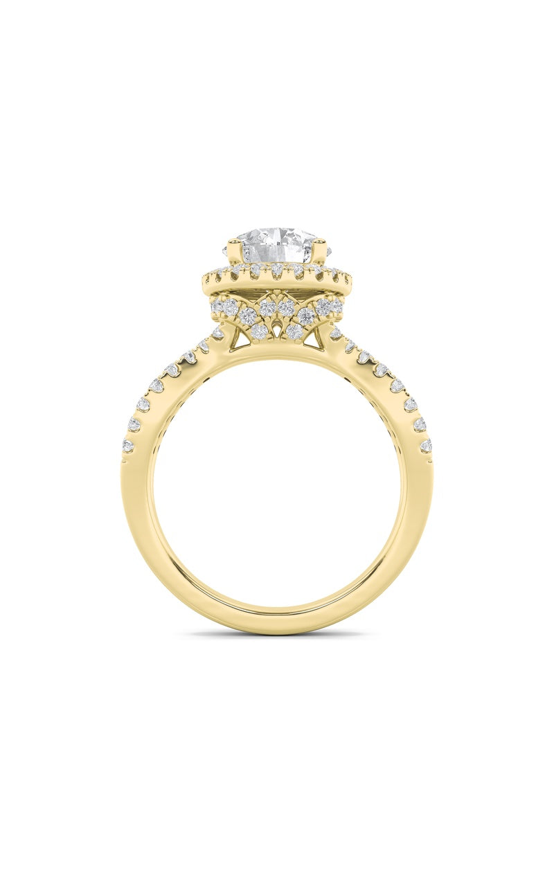 2CTW Round Shaped Lab Grown Diamond (F/VS) Split Shank Halo Accented Engagement Ring in 14K Gold
