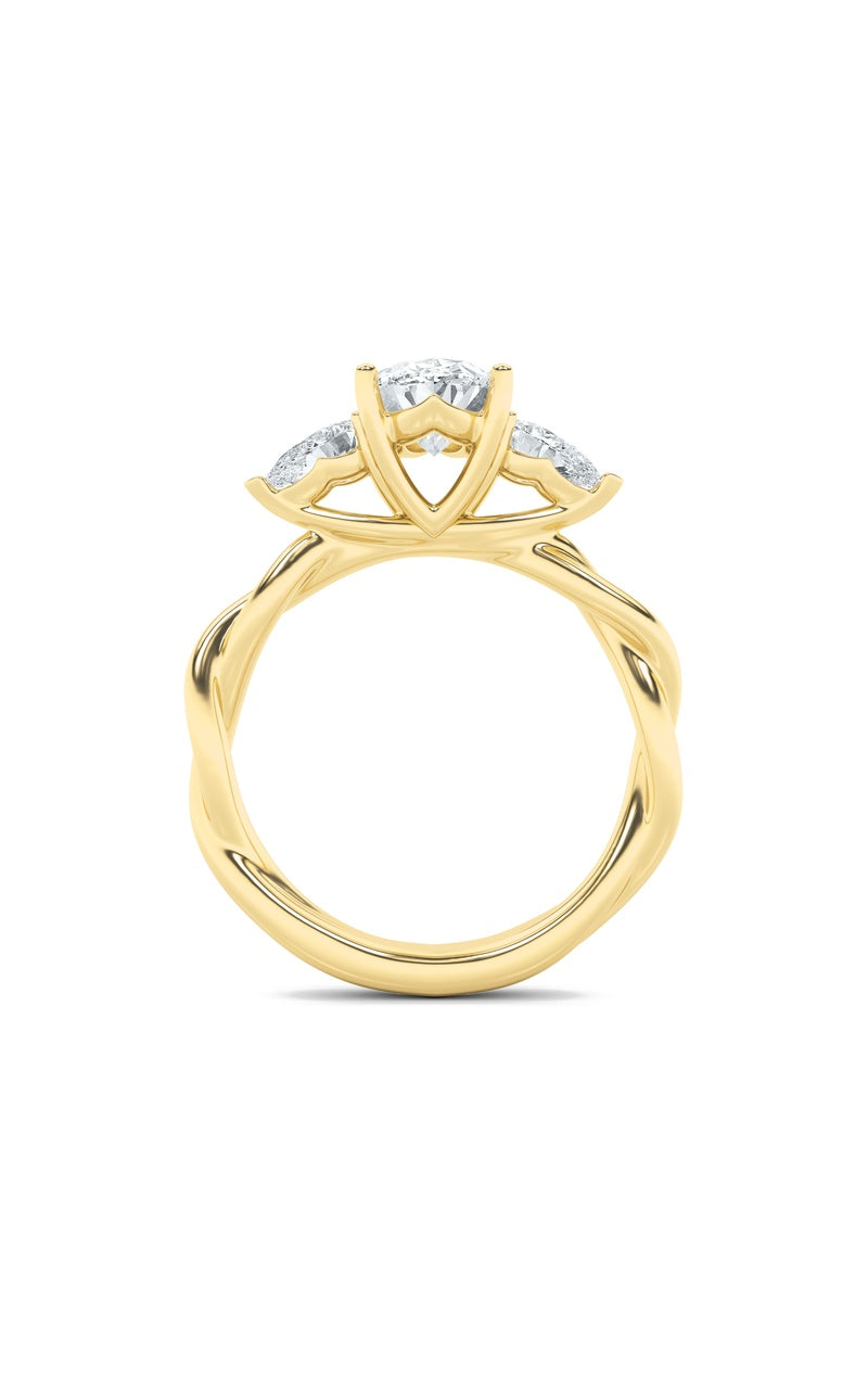 2CTW Oval Shaped Lab Grown Diamond (F/VS) Three Stone Twisted Band Engagement Ring in 14K Gold