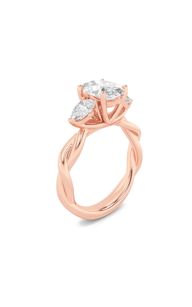 2CTW Oval Shaped Lab Grown Diamond (F/VS) Three Stone Twisted Band Engagement Ring in 14K Gold