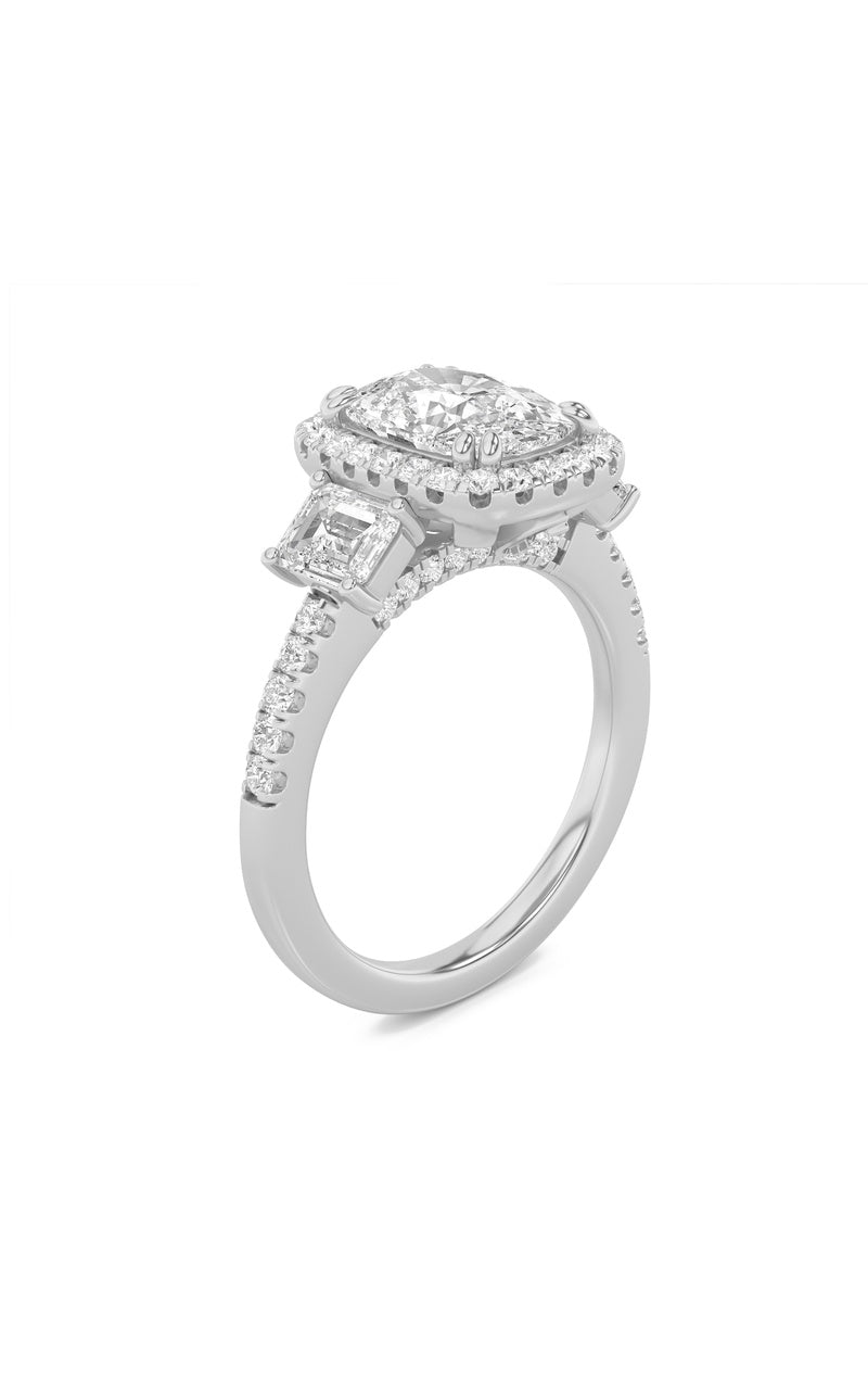 3CTW Elongated Cushion Shaped Lab Grown Diamond (F/VS) Accented Three Stone Ring in 14K Gold