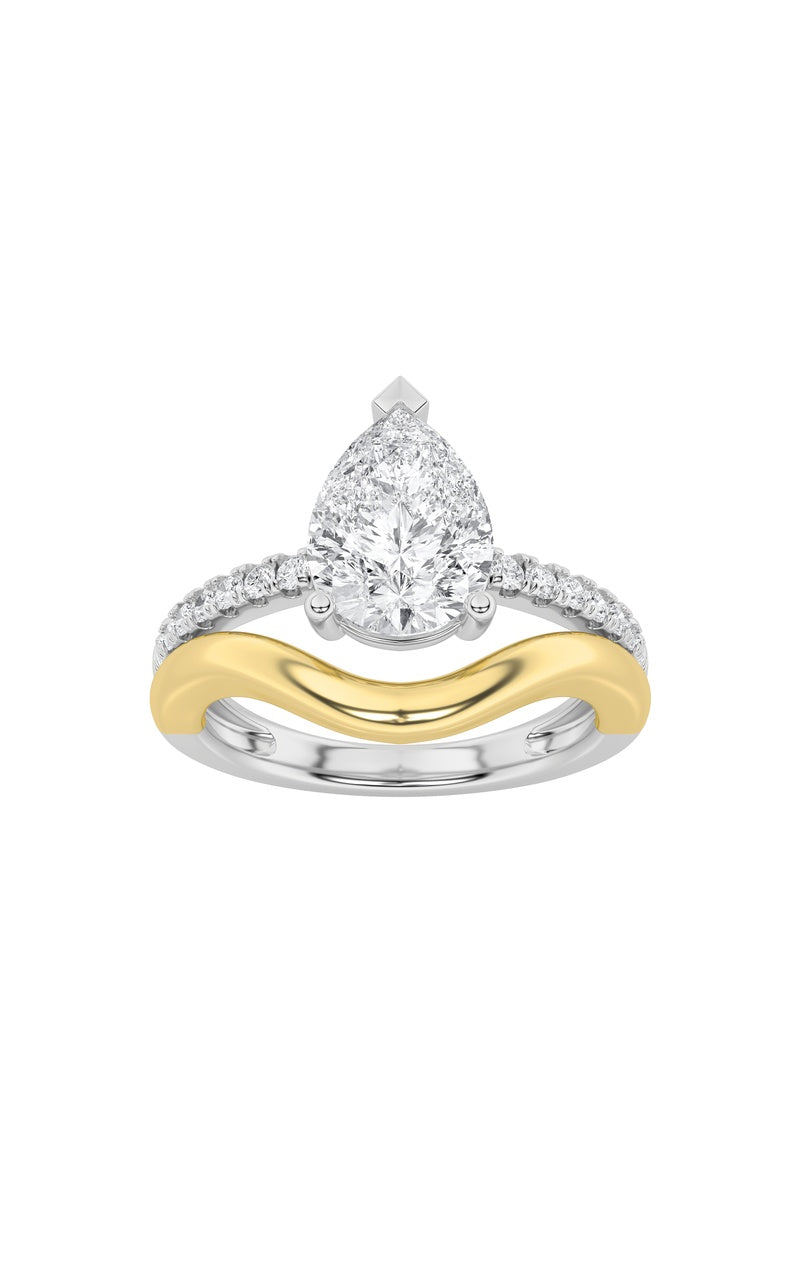 2CTW Pear Shaped Lab Grown Diamond (F/VS) Two Tone Wave Inspired Engagement Ring in 14K Gold