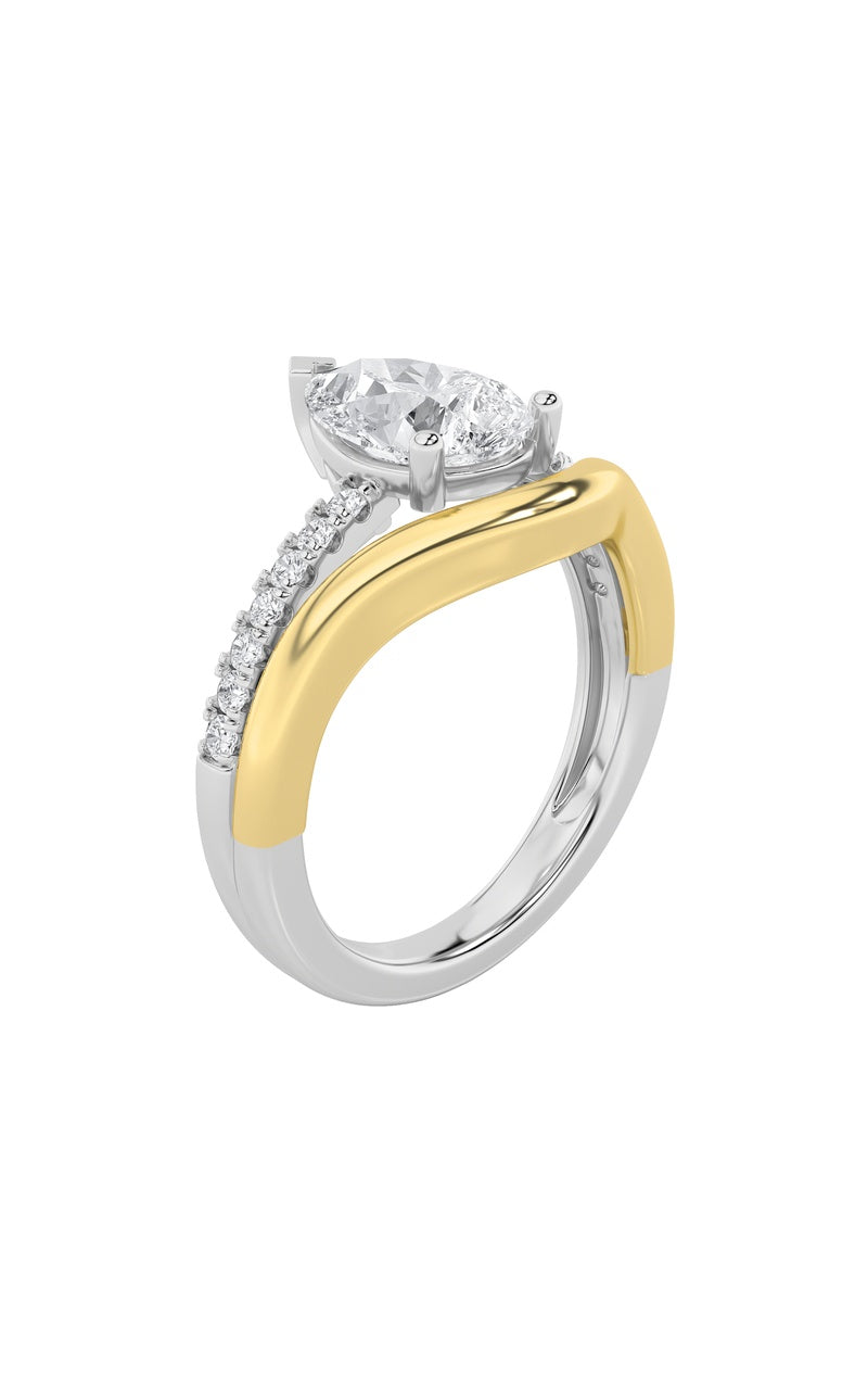 2CTW Pear Shaped Lab Grown Diamond (F/VS) Two Tone Wave Inspired Engagement Ring in 14K Gold
