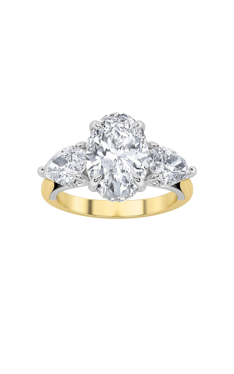 4CTW Oval Shaped Lab Grown Diamond (F/VS) Accented Three Stone Ring in 14K Gold