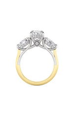 Load image into Gallery viewer, 4CTW Oval Shaped Lab Grown Diamond (F/VS) Accented Three Stone Ring in 14K Gold
