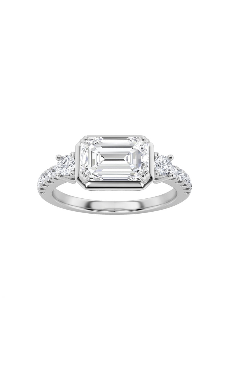 2CTW Emerald Shaped Lab Grown Diamond (F/VS) East West Accented Three Stone Ring in 14K Gold