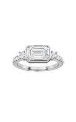 Load image into Gallery viewer, 2CTW Emerald Shaped Lab Grown Diamond (F/VS) East West Accented Three Stone Ring in 14K Gold
