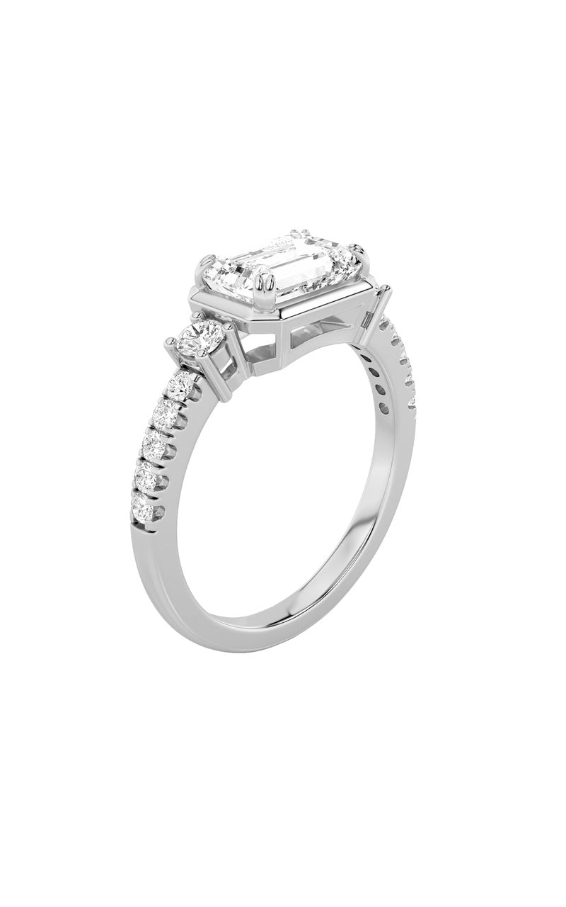 2CTW Emerald Shaped Lab Grown Diamond (F/VS) East West Accented Three Stone Ring in 14K Gold