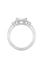 Load image into Gallery viewer, 2CTW Emerald Shaped Lab Grown Diamond (F/VS) East West Accented Three Stone Ring in 14K Gold

