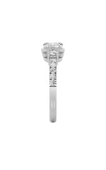 Load image into Gallery viewer, 2CTW Emerald Shaped Lab Grown Diamond (F/VS) East West Accented Three Stone Ring in 14K Gold
