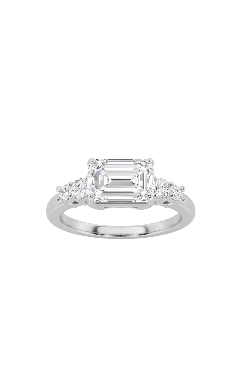1.5CTW Emerald Shaped Lab Grown Diamond (F/VS) East West Accented Three Stone Ring in 14K Gold