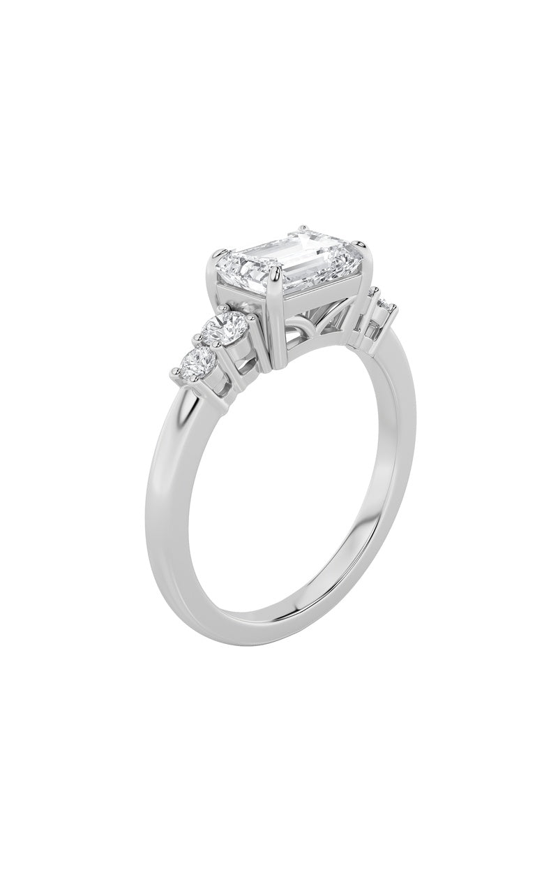 1.5CTW Emerald Shaped Lab Grown Diamond (F/VS) East West Accented Three Stone Ring in 14K Gold