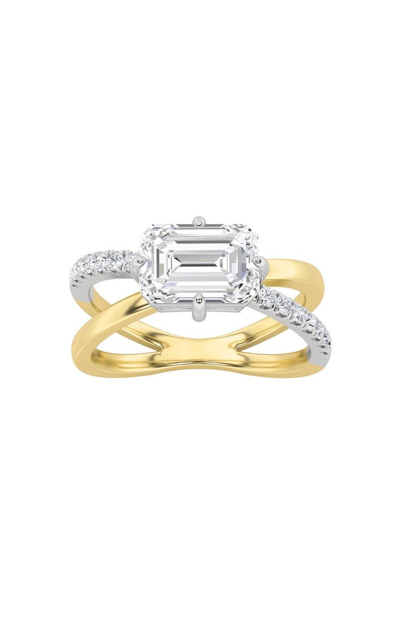 2CTW Emerald Shaped Lab Grown Diamond (F/VS) East West Accented Solitaire Ring in 14K Gold