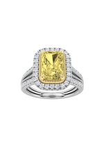 Load image into Gallery viewer, 2.5CTW Radiant Shaped Fancy Yellow Lab Grown Diamond (F/VS) Split Shank Halo Engagement Ring in 14K Gold

