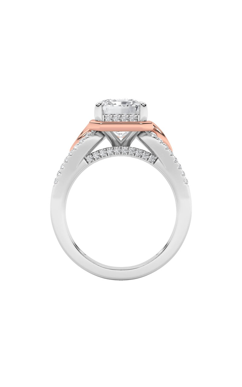 4.25CTW Emerald Shaped Lab Grown Diamond (F/VS) Bold Accented Two Tone Engagement Ring in 14K Gold