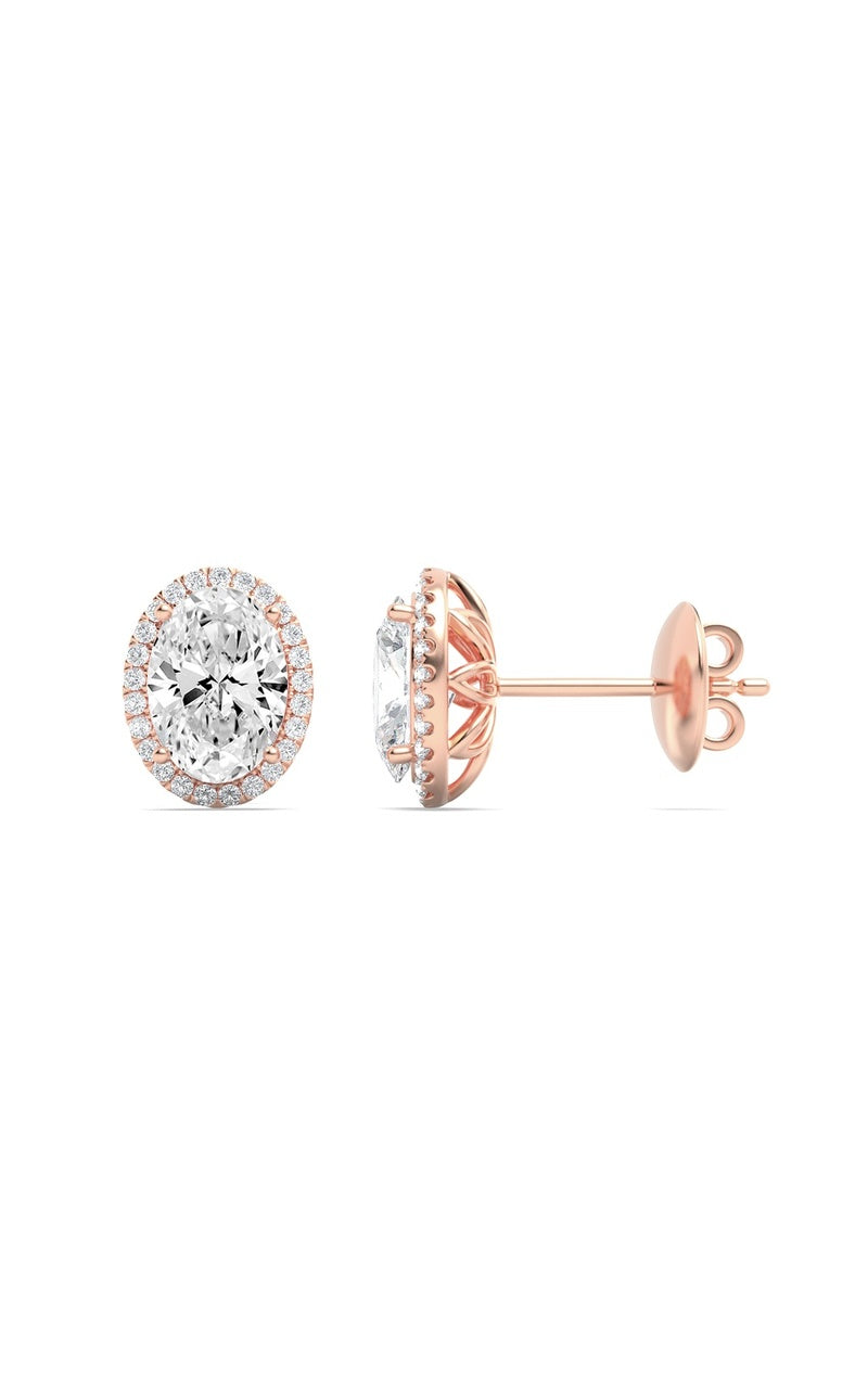 3CTW Oval Shaped Lab Grown Diamond (F/VS) Halo Stud Earrings in 14K Gold