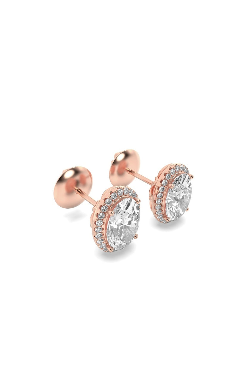 3CTW Oval Shaped Lab Grown Diamond (F/VS) Halo Stud Earrings in 14K Gold