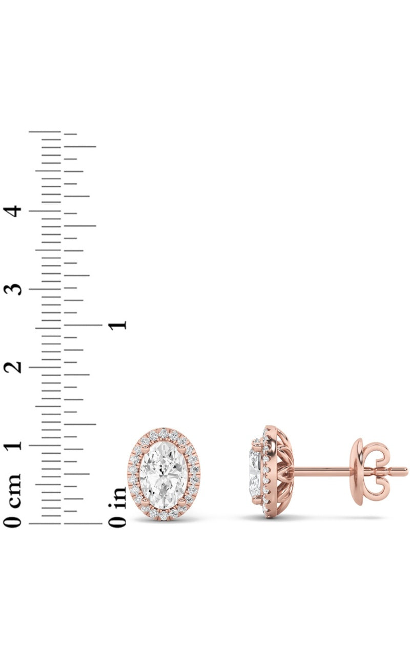 3CTW Oval Shaped Lab Grown Diamond (F/VS) Halo Stud Earrings in 14K Gold