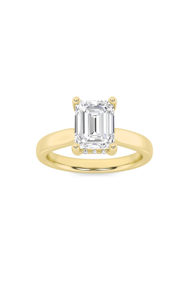 1CTW Emerald Shaped Lab Grown Diamond (F/VS) Hidden Halo Cathedral Shank Engagement Ring in 14K Gold