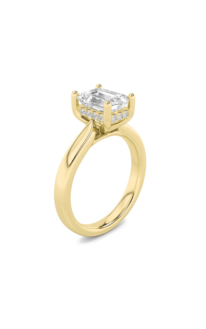1CTW Emerald Shaped Lab Grown Diamond (F/VS) Hidden Halo Cathedral Shank Engagement Ring in 14K Gold