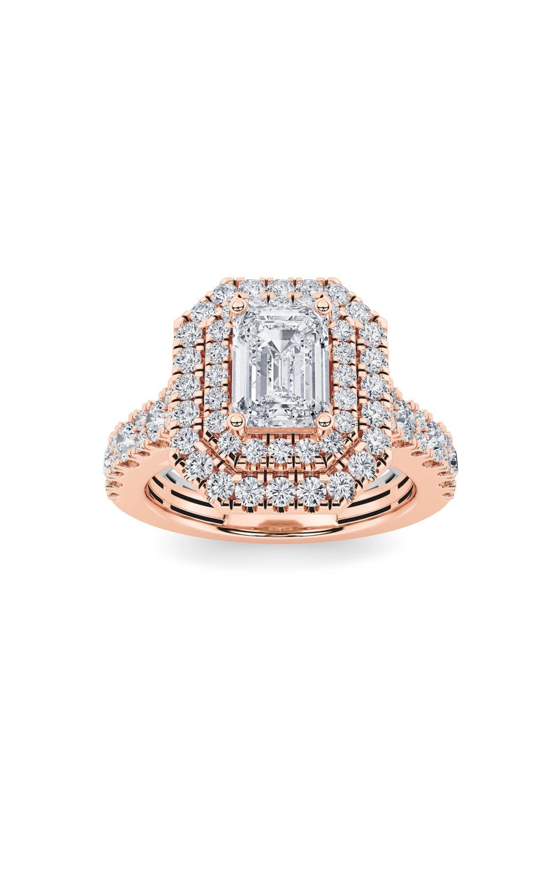 2CTW Emerald Shaped Lab Grown Diamond (F/VS) Double Halo Engagement Ring in 14K Gold